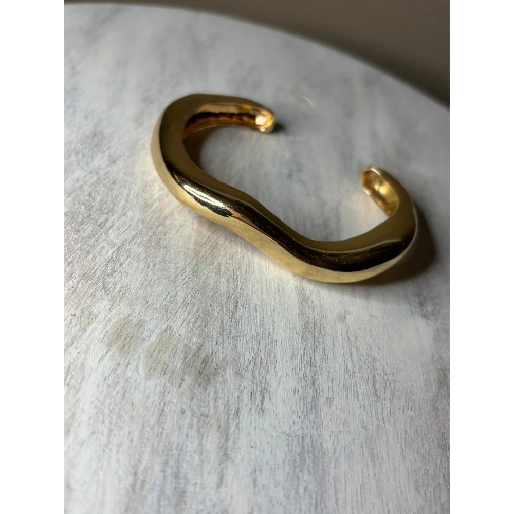 Gold Tone Organic Wavy Cuff Bracelet Sculptural Statement Open Bangle